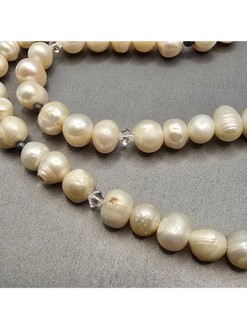 VTG White Graduated Baroque Pearl Necklace 22" Sterling Toggle Crystal Accents - Picture 3 of 13